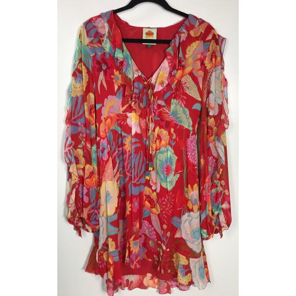 Farm Rio Red Floral Ruffle Flowy Short Dress Boho Hippie Vacation Indie Beaded - Picture 2 of 14
